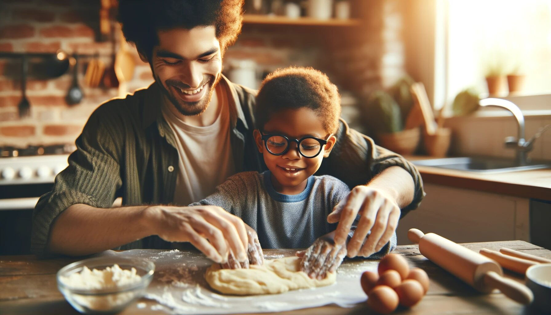 An African American parent with a child with a visual impairment wearing glasses, baking together in a cozy, well-lit kitchen laughing and kneading dough