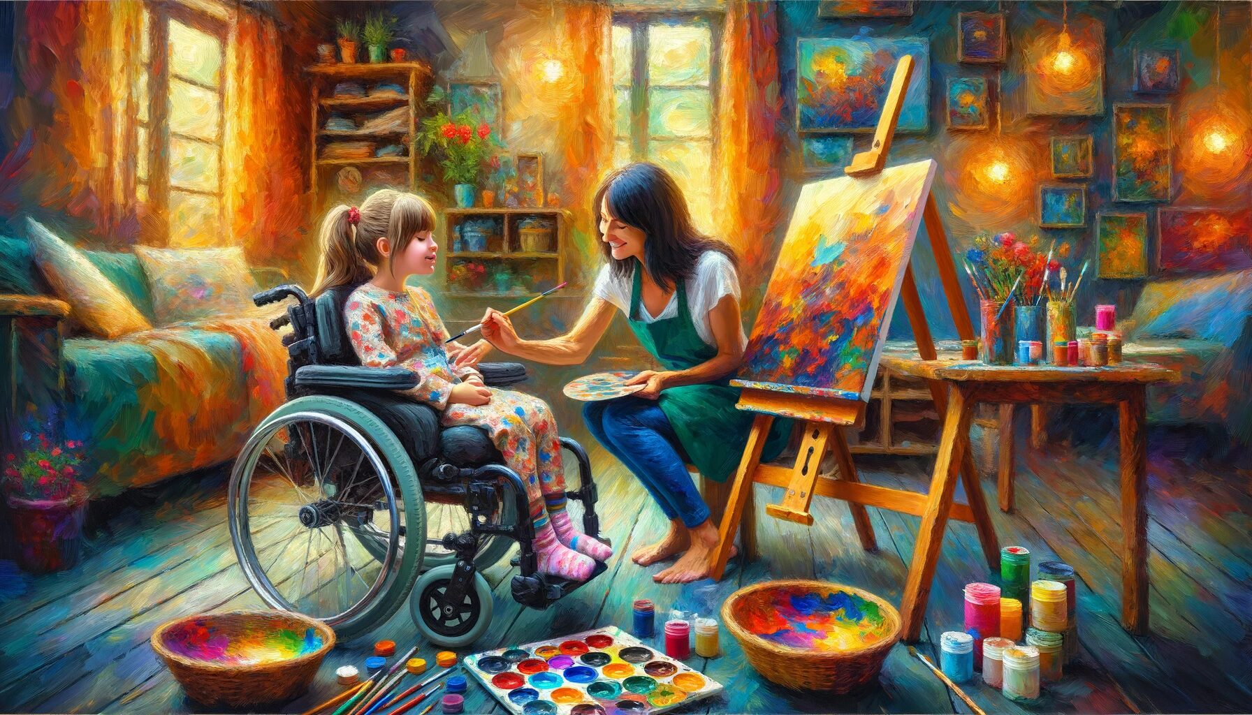 A painting of a parent teaching their child with a disability to paint, in a cozy home studio, the child in a wheel chair is adorned with colorful stickers