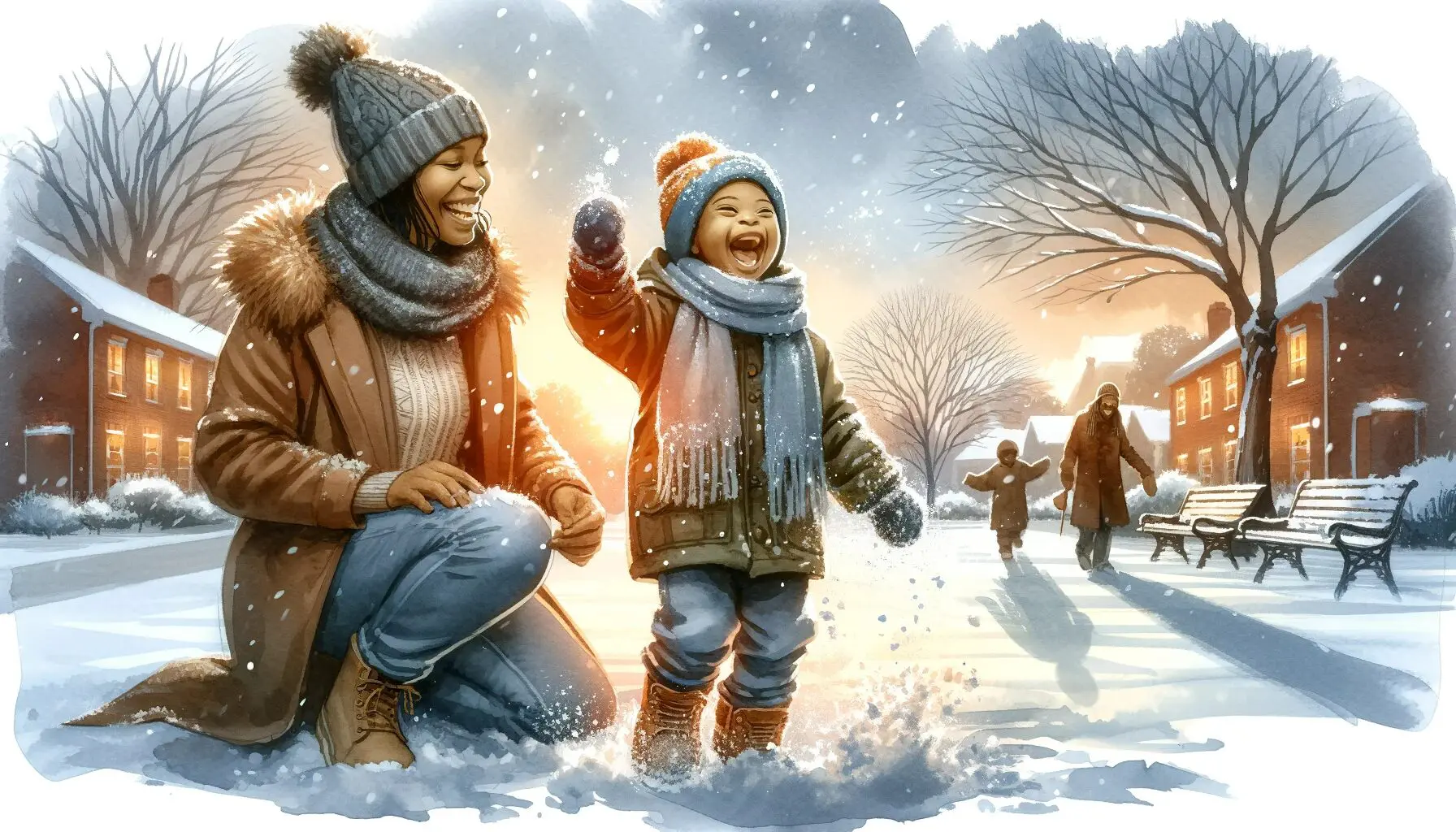 A watercolor painting of an African American family with a child who has Down syndrome, playing in a snowy park.