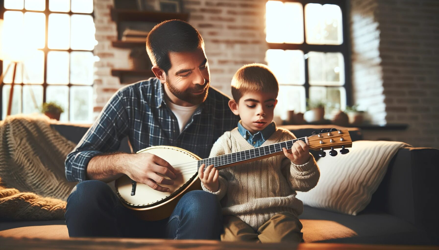 A photograph of a parent and child with a disability playing a musical instrument together in their living room.