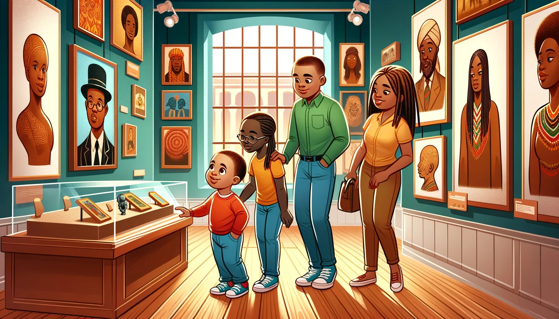 How to Talk to Siblings About Disabilities- A digital illustration of an African American family visiting a museum as a family.