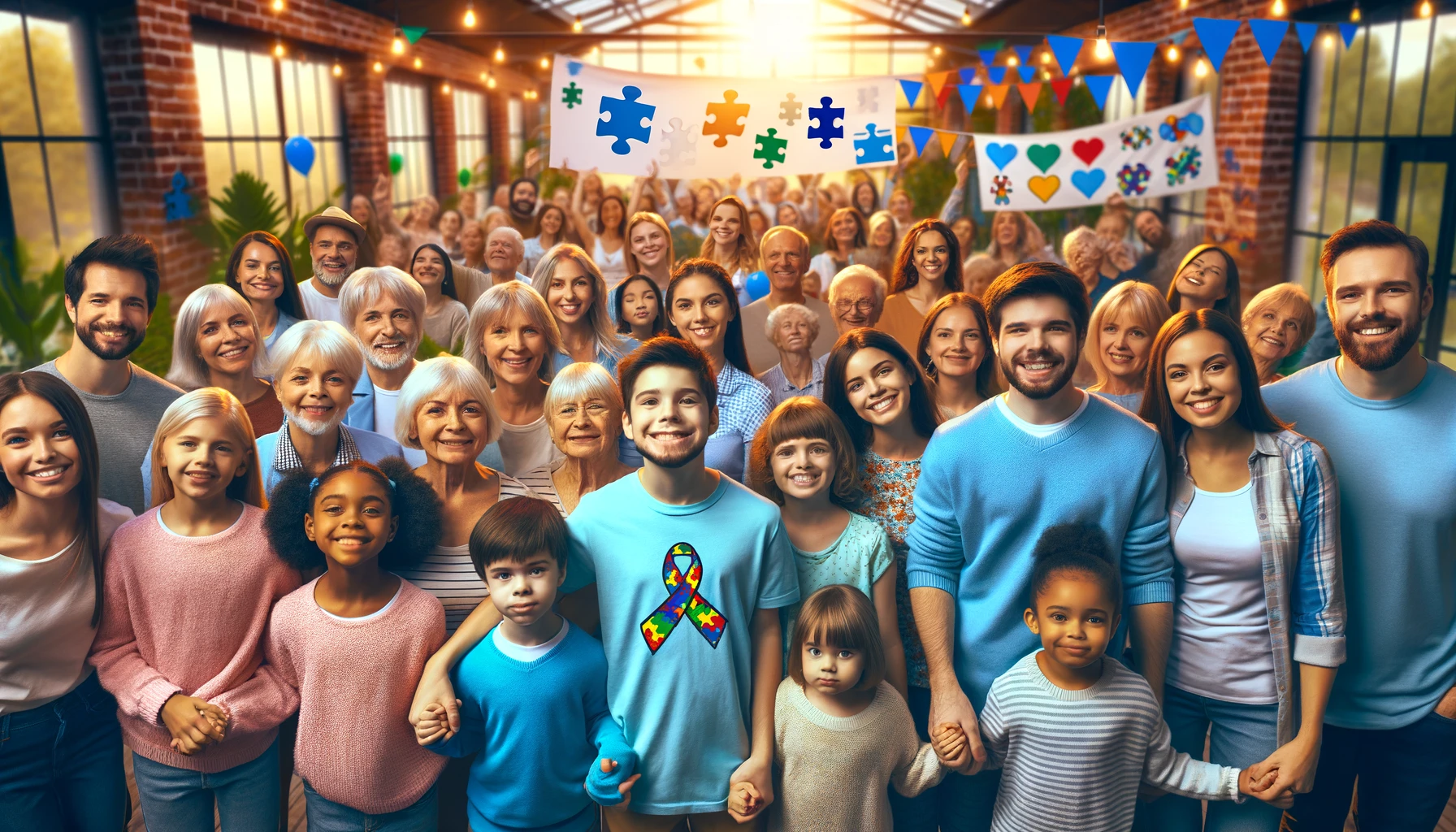 Embracing neurodiversity -A photo of diverse individuals and families coming together in a community setting, visibly showcasing symbols of autism awareness