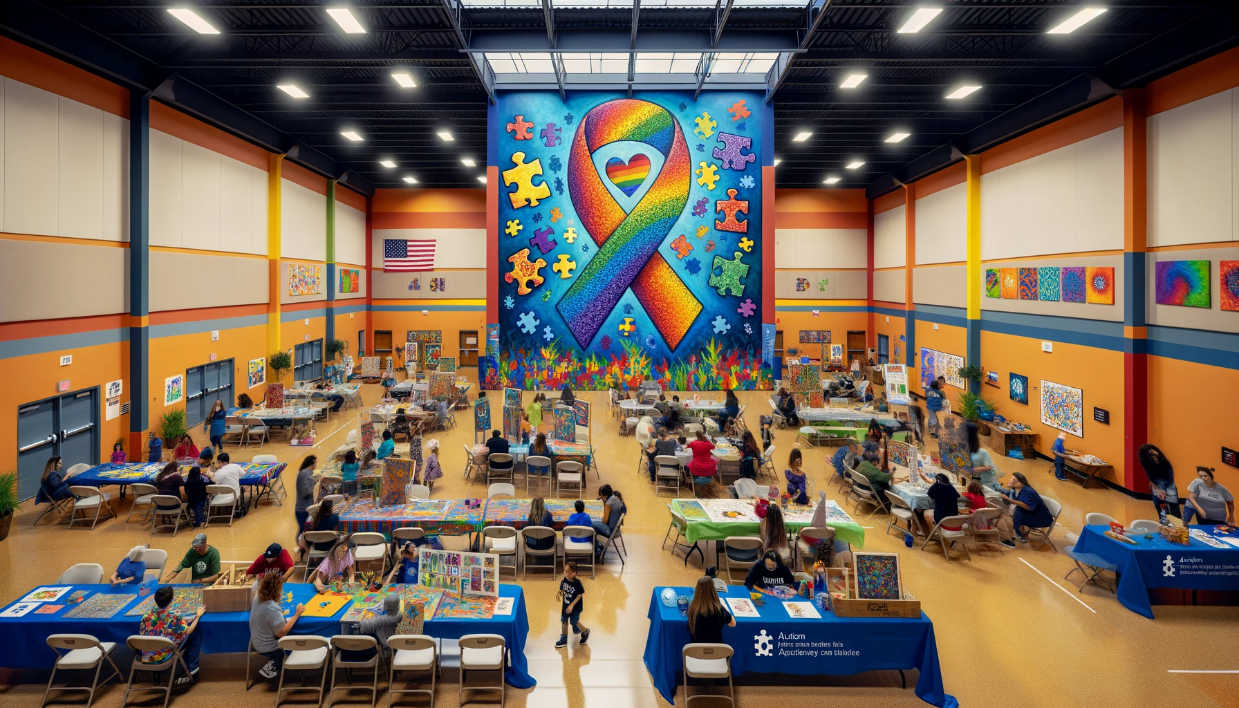 Autism Acceptance and Inclusion- An indoor community center decorated vibrantly for an Autism Awareness event, showcasing a large mural with the puzzle piece ribbon and the rainbow